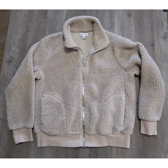 Calvin Klein Tan Sherpa Fleece Gold Full Zip Designer Jacket Women M - Picture 1 of 8